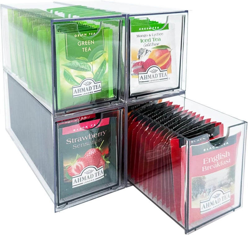 AZEZO 4-Pack Tea Bag Drawers Organizer - 4 Clear Plastic Drawer Tea Bag Holder; Stackable & Portable; Wider Size; Well-Organized Storage for Tea Bags & Kitchen Essentials - Image 1